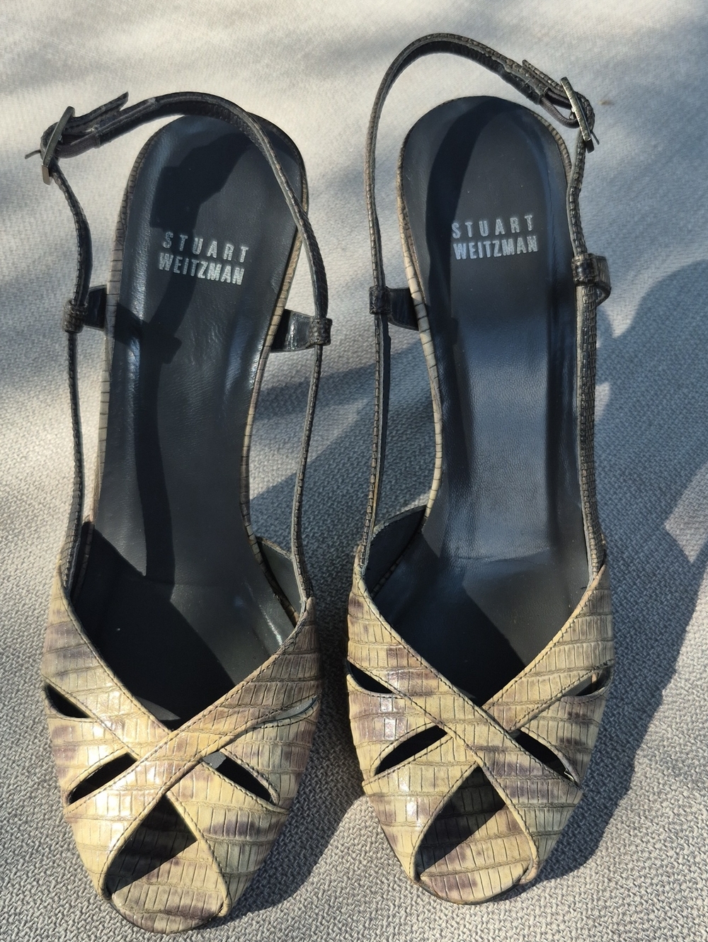 Stuart Weitzman Taupe Textured Leather Slingback Heels